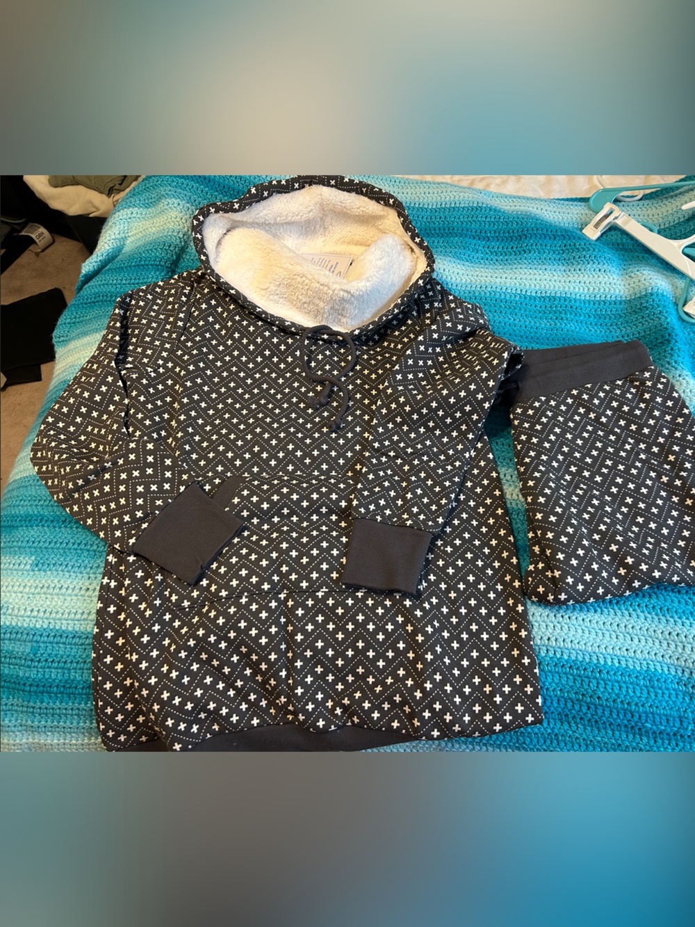 Woman’s  grey & White Hooded Pajamas with Sherpa Lining S/m